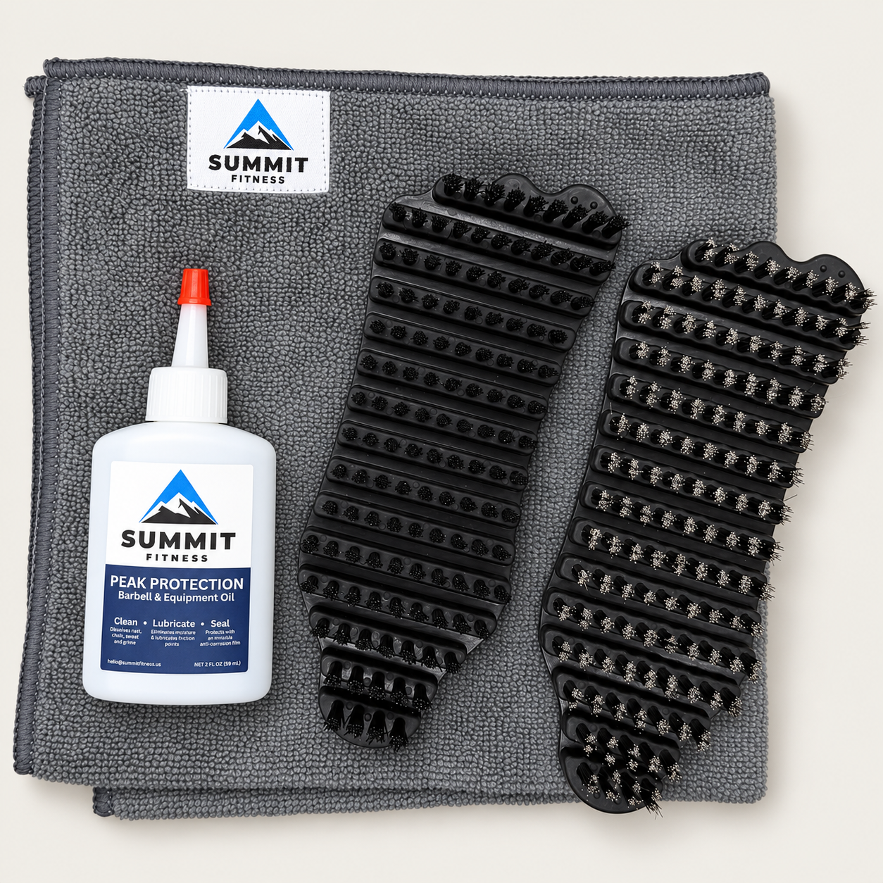 Summit Fitness combo kit: nylon and steel brushes, Peak Protection oil and a microfiber towel
