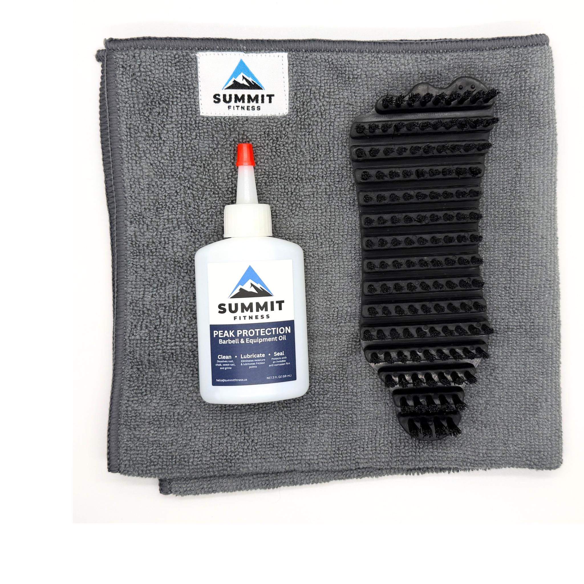 Nylon brush, Peak Protection oil and gray Summit Fitness microfiber towel